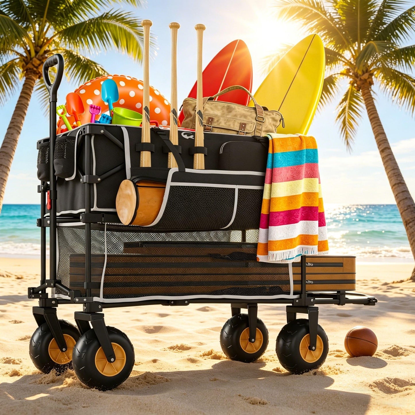 𝐔𝐩𝐠𝐫𝐚𝐝𝐞 Beach Wagon with Big Wheels for Sand, Double-Decker, 9" PVC All-Terrain Wheel, 500 lb Load Capacity, Oversized 400L, for Beach, Camping, Garden & Outdoor Sports (Black)