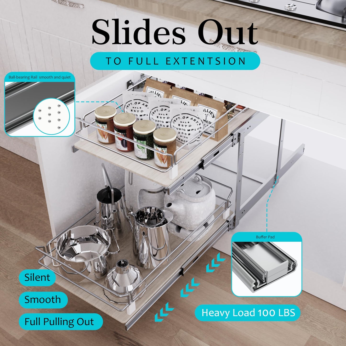 2 Tier Pull Out Cabinet Organizer 20" W X 22" D, Slide Out Drawers For Kitchen Cabinets, Pull Out Drawers For Cabinets Capacity Heavy Duty Caddy, Cabinet Pullout Shelves Wood Chrome, Pantry Storage