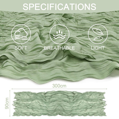 QINJIEJIE Table Runner Cheesecloth 120 Inches Boho Gauze Cheese Cloth 10FT Sheer Table Runner for Summer Home Decor Birthday Wedding Baby Bridal Shower Holiday Party Decoration Sage Green