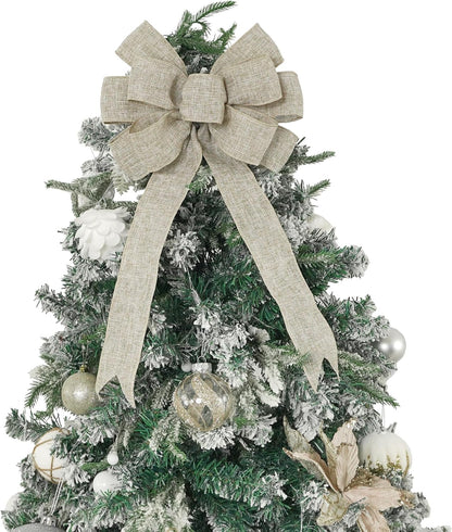 Skiennix 13" Burlap Wired Ribbon Bow | Rustic Christmas Tree Topper & Party Decoration - Large Gift Bow