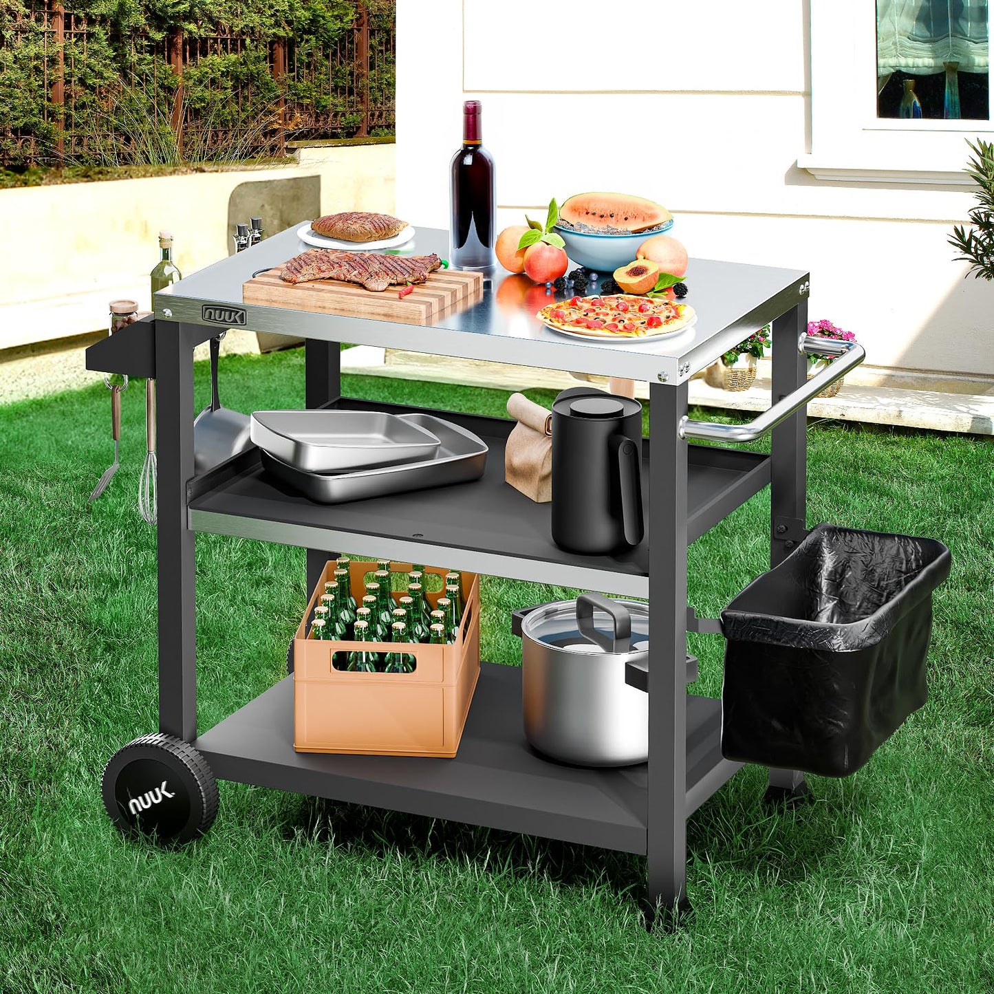 NUUK 3-Shelf Grill Cart for Outdoor with Stainless Steel Top – 20" x 32" Movable Pizza Oven Stand with Wheels Kitchen Prep Table BBQ Cart Worktable