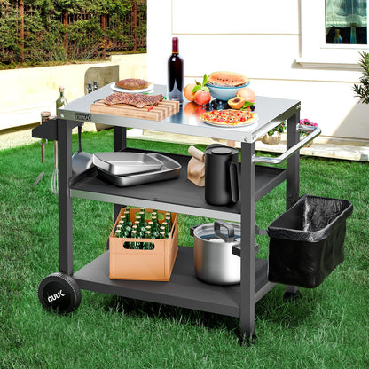 NUUK 3-Shelf Grill Cart for Outdoor with Stainless Steel Top – 20" x 32" Movable Pizza Oven Stand with Wheels Kitchen Prep Table BBQ Cart Worktable