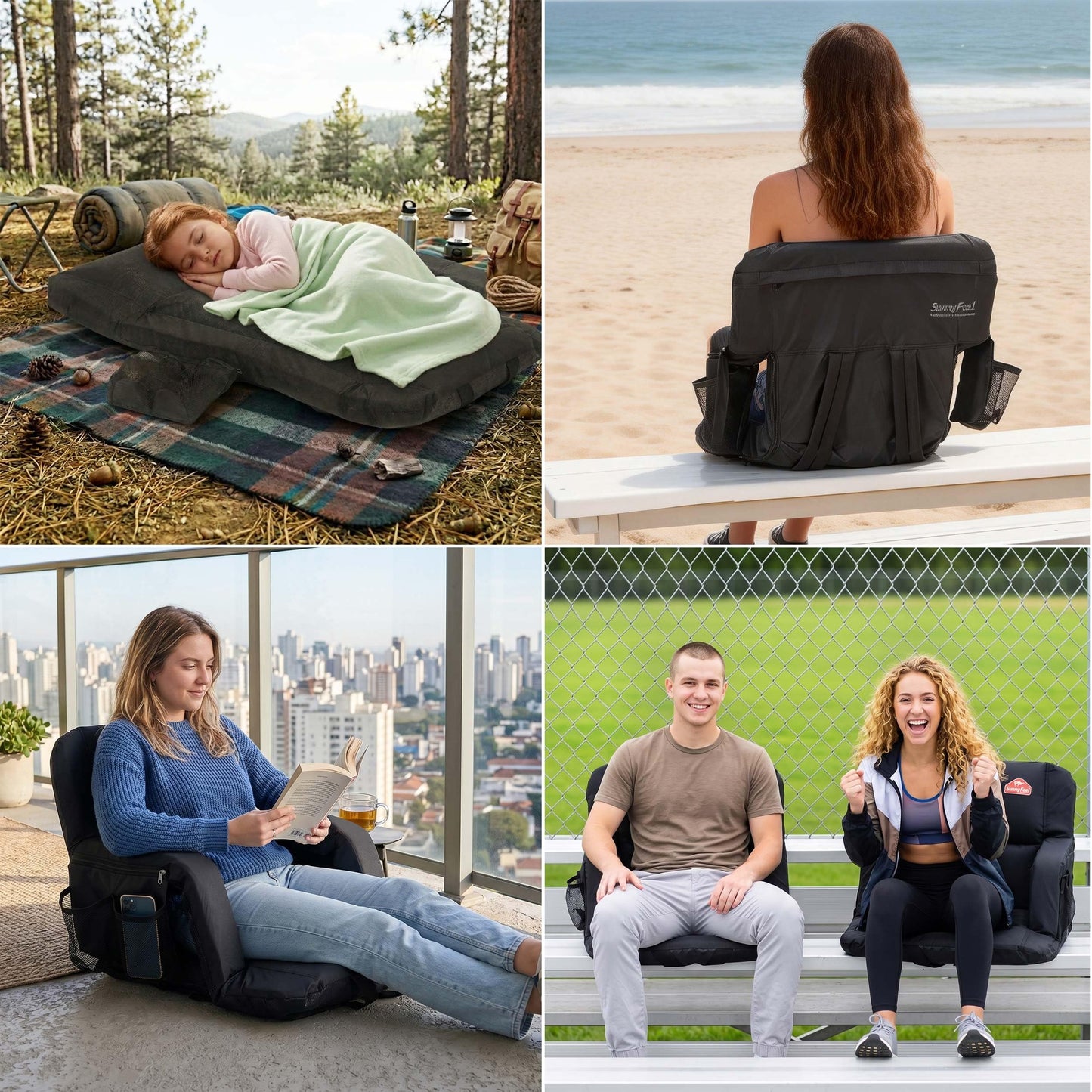 SUNNYFEEL Stadium Seat with Back Support Thick Cushion 6 Reclining Positions 264lbs Capacity Sofa Style Design with Side Pockets for Camping Beach Picnic Sports