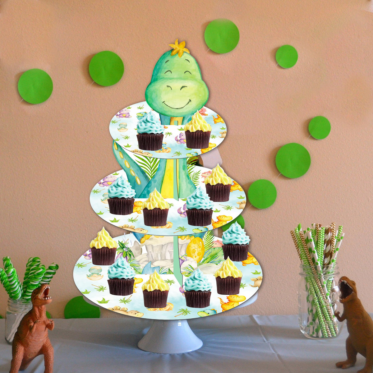 Dinosaur Cupcake Stand 3-Tier Cake Cupcake Holder Dinosaur Baby Shower Decoration for Dino Roar Theme Birthday Party Baby Shower Supplies