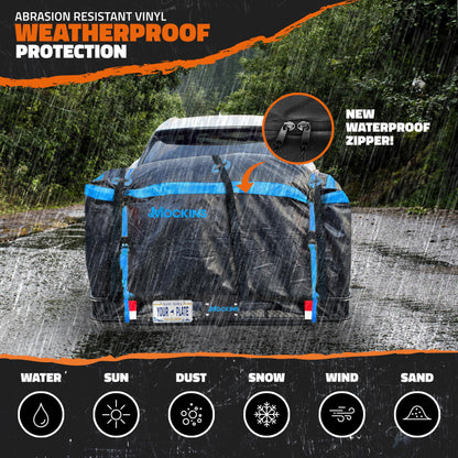 Mockins 60"x24"x6" Folding Trailer Hitch Cargo Carrier w/ 25 Cu Ft Waterproof Cargo Bag for Hitch Carrier | Heavy Duty 500 lbs Steel Luggage Rack for SUV, Car & Truck w/Plate Bracket & Accessories