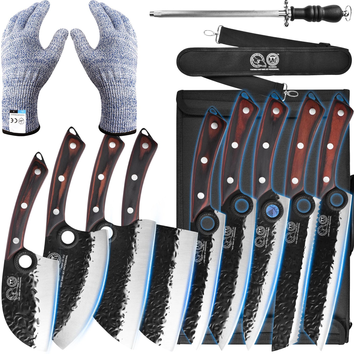 XYJ Professional Serbian Chef Knife Set with Roll Bag, Japanese Culinary Knives, Meat Cleaver, Kitchen Chopping Knife, and Protective Sleeves, Perfect for Home Cooking or Outdoor Camping (13)