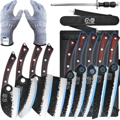 XYJ Professional Serbian Chef Knife Set with Roll Bag, Japanese Culinary Knives, Meat Cleaver, Kitchen Chopping Knife, and Protective Sleeves, Perfect for Home Cooking or Outdoor Camping (13)