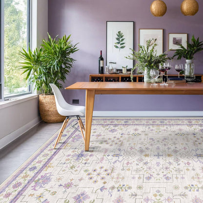 Skiennix 8x10 Large Lavender Area Rug - Floral Design, Non-Slip, Stain Resistant, Washable Carpet
