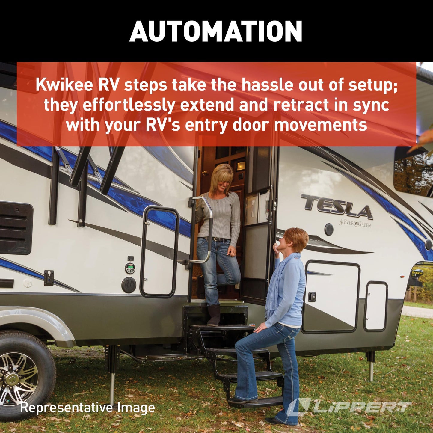 Kwikee 26 Series Electric Step Assembly, Logic Control Unit, Power Switch Kit for RV, Travel Trailers, Hidden Light, 8.5" Step Rise, Anti-Slip Surface, 12V DC Motor, Steel Construction - 3711363