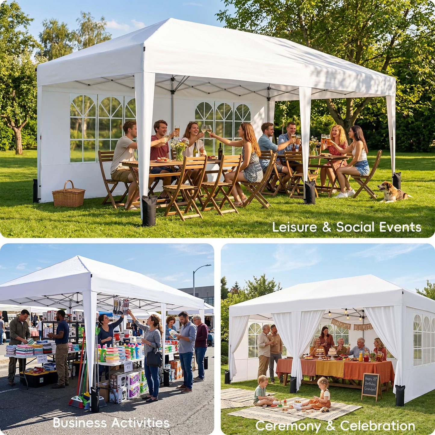 Driftalia 10x20 Pop up Canopy Tent with 6 Sidewalls, Outdoor Canopy with Windows & Roller Bag, Party Tent for Commercial Events, Weddings, Camping - White