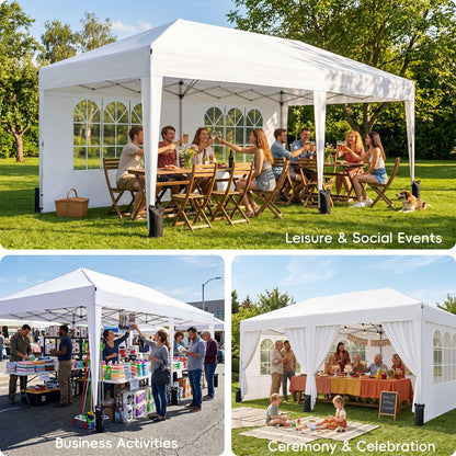 Driftalia 10x20 Pop up Canopy Tent with 6 Sidewalls, Outdoor Canopy with Windows & Roller Bag, Party Tent for Commercial Events, Weddings, Camping - White