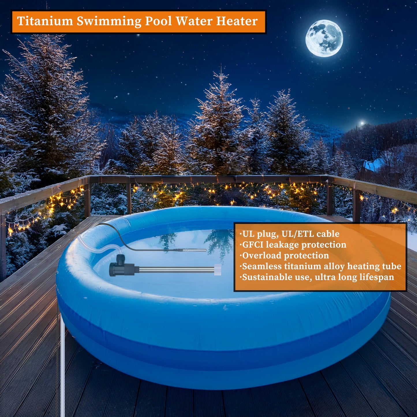 LASTINGCAPE 1300W Titanium Fully Submersible, Portable Electric Pool and Hot Tub Immersion Water Heater with Temp Control, GFCI for spa tub, Pool, Bathtubs, Buckets, Baptistry & Above Ground Pool