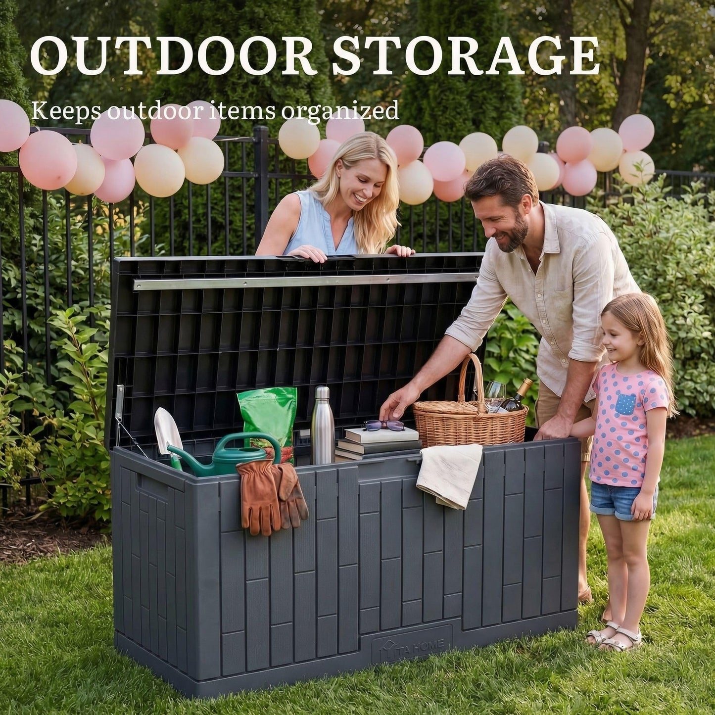 YITAHOME 120 Gallon Large Deck Box, 53"L x 22.7"W x 25.5"H Resin Outdoor Storage Box with Slide-Locking Black Lid for Patio Cushions, Garden Tools, Pool Supplies, Easy Assembly, Waterproof, Dark Gray