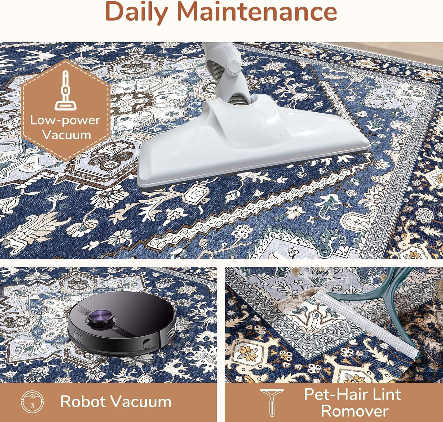 OPPODREAM Soft Area Rug - 5x7 Washable Faux Cashmere Carpet with Non-Slip Backing | Navy Blue & Gold