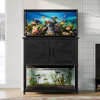 Hylemoros 20/29/30 Gallon Fish Tank Stand with Storage Cabinet Farmhouse Wood Aquarium Stand for Fish Reptile Heavy Duty Terrarium Stand for Living Room Entry Way Hallway Black