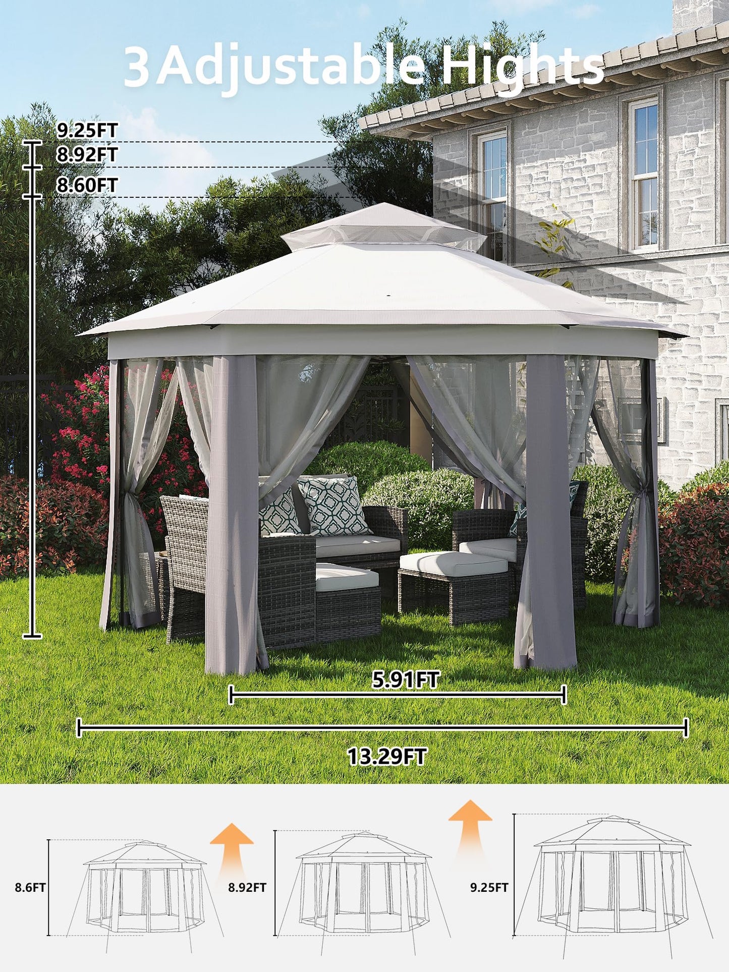 Garvee Pop Up Gazebo Screen Tent,Hexagonal Instant Gazebo Tent with Mosquito Netting Outdoor Canopy,6 Sided Sun Shelter 13x13ft with Mesh Netting,Pavilion Tents for Patio,Light Gray+Dark Gray