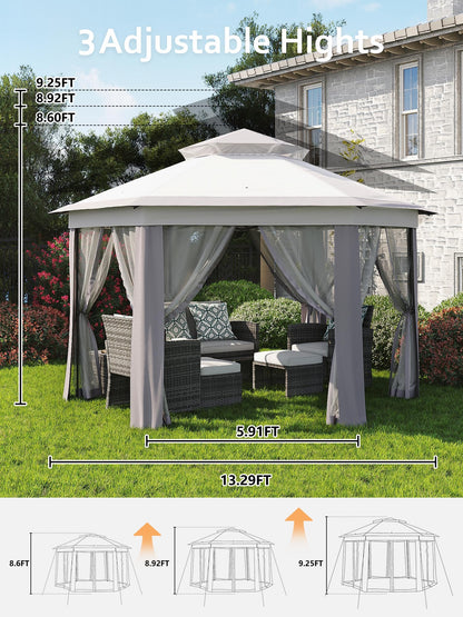Garvee Pop Up Gazebo Screen Tent, Hexagonal Instant Gazebo Tents with Mosquito Netting Outdoor Canopy, 6 Sided Sun Shelter 13x13 ft with Mesh Netting, Pavilion Tent for Patio, Light Gray+Dark Gray