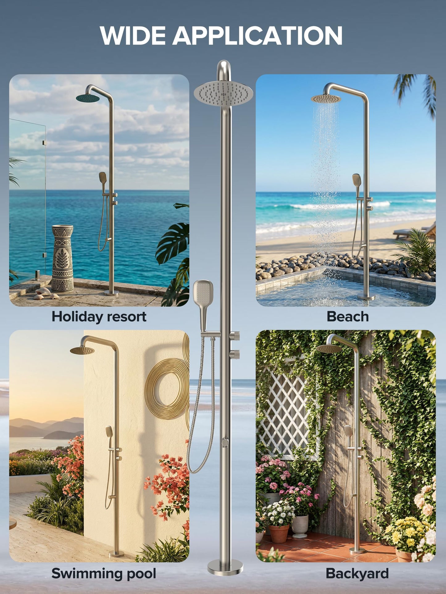 WCQQ 316 Stainless Steel Outdoor Floor Shower with 3 Functions, Brushed Nickel Freestanding 10" Headshower & Handheld Shower for Backyard Patio Relaxation/Easy Garden Clean