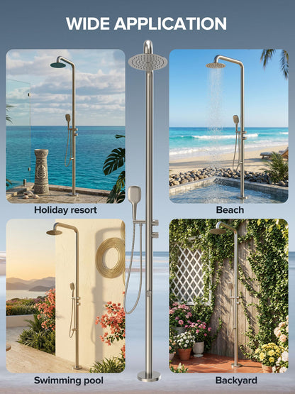 WCQQ 316 Stainless Steel Outdoor Floor Shower with 3 Functions, Brushed Nickel Freestanding 10" Headshower & Handheld Shower for Backyard Patio Relaxation/Easy Garden Clean