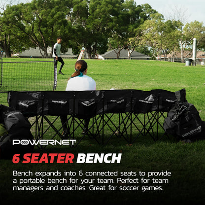 PowerNet 6 Seater Team Bench Folding Chair, Portable Chair for Soccer Basketball Football Teams, Foldable Bench with Backpack Style Carry Bag (Black)