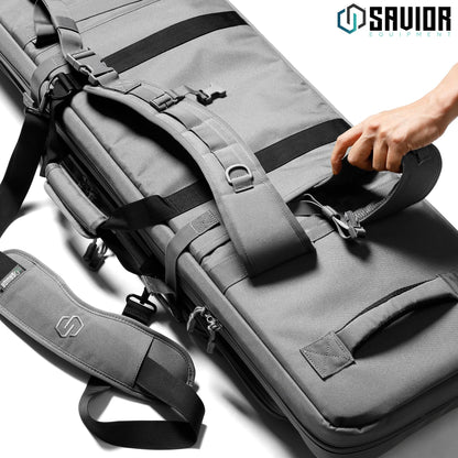 Savior Equipment Specialist Series Tactical Double Long Gun Bag Case Backpack 4 Pistol Handgun Storage, Lockable Zippers, Padded Drag Handles, w/Adjustable Shoulder Strap, 36 Inch SW Gray
