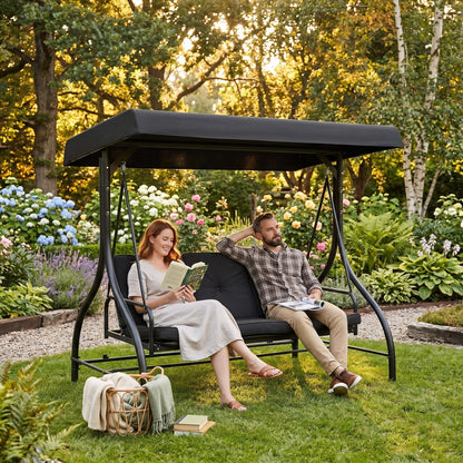 Garvee 3 Seater Outdoor Porch Swing with Stand for Adults, 2-in-1 Convertible Design Patio Swing, Thick Soft Cushion & Adjustable Removable Canopy, for Backyard Garden Patio Poolside - Black