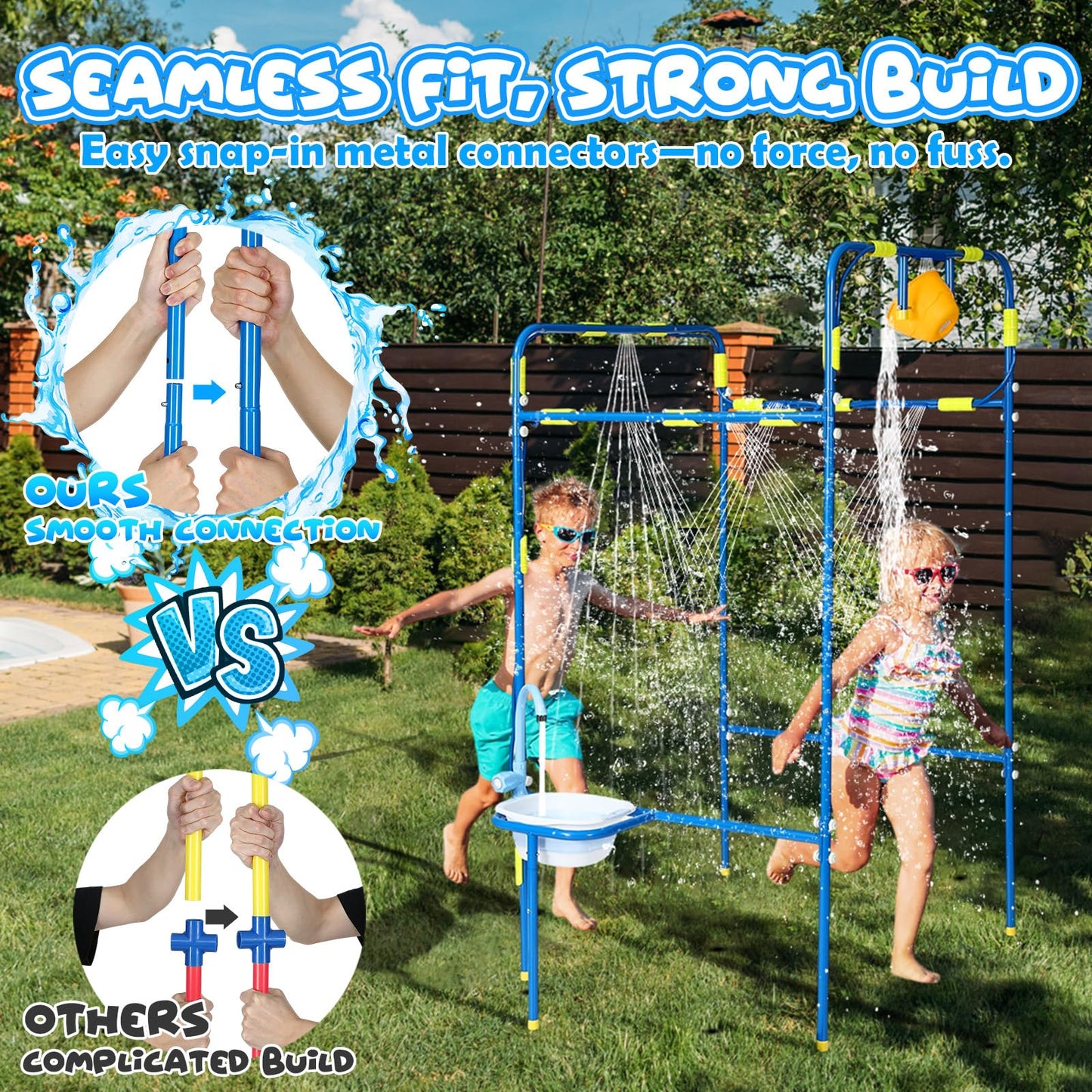 THISWUW Backyard Waterpark for Kids, Heavy-Duty Steel Water Park Sprinkler Toy Game with Splash Buckets, Collapsible Wash Basin & Water Faucets, Water Play Activities Outdoor Summer Toys