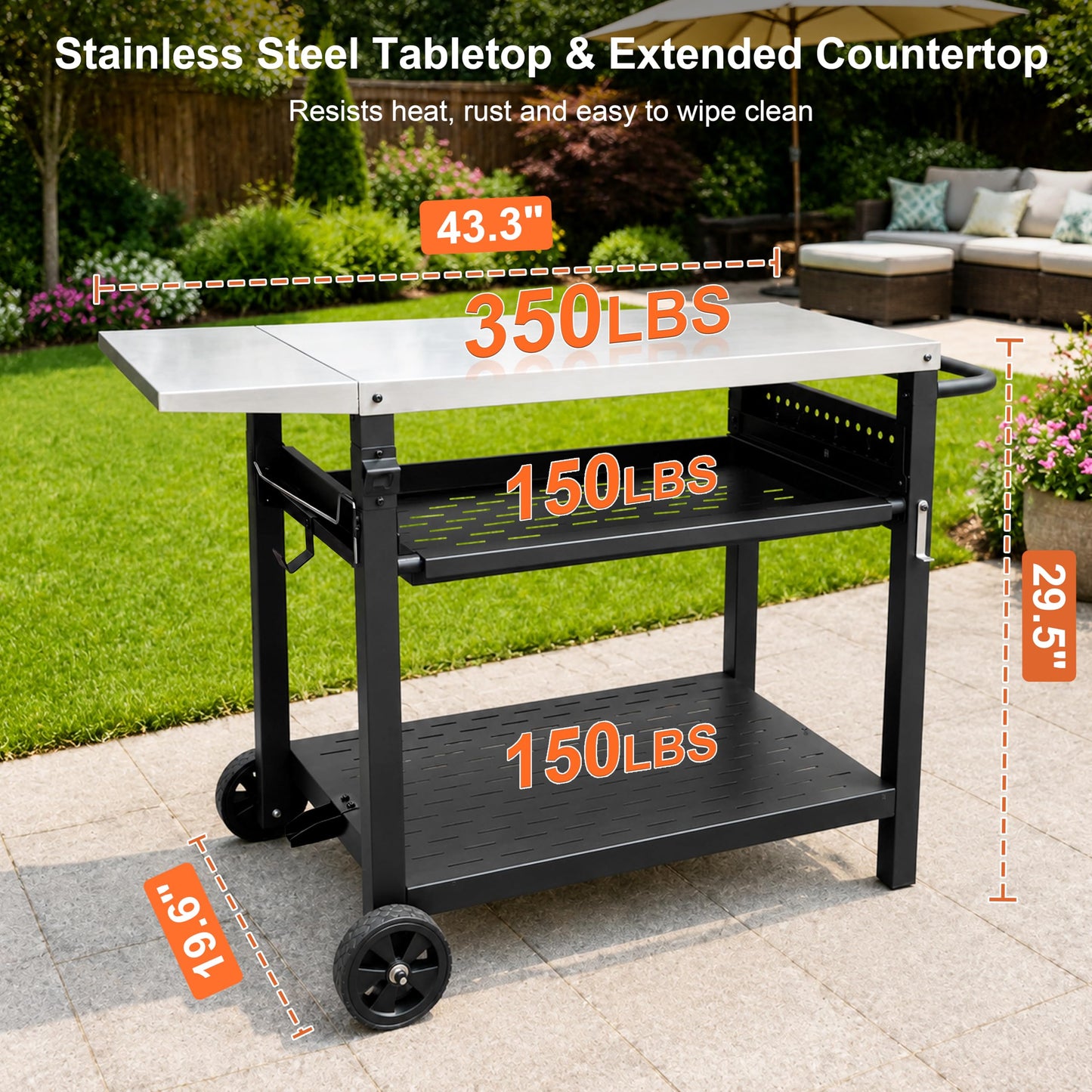 Outdoor Grill Cart for Blackstone/Ooni/Ninja, 43.3"x20" Stainless Steel Outdoor Grill Table with Propane Tank Mount & Wheels, Movable Outdoor Cooking Table with Storage for Pizza Oven, Patio, Camping