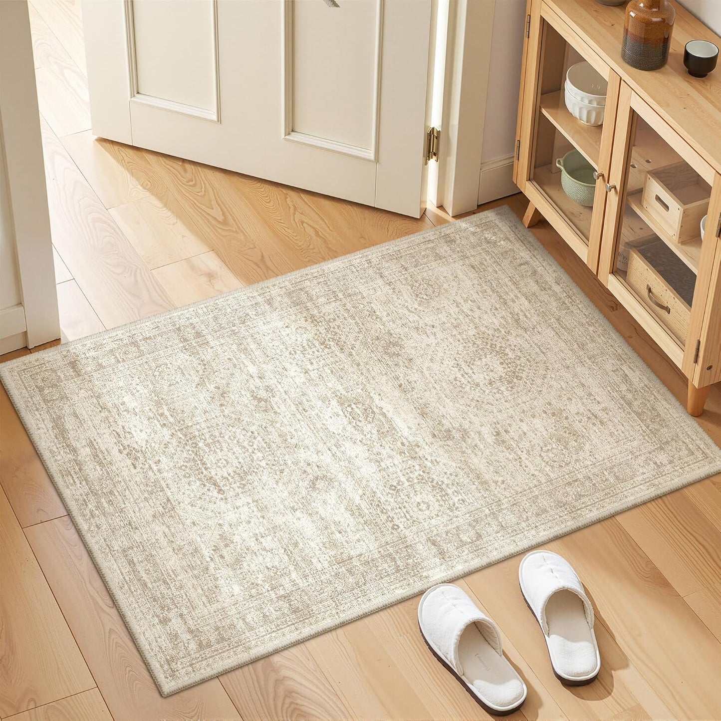 Skiennix 2x3 Washable Rug Runner - Soft Vintage Abstract Design | Anti-Slip Indoor Mat in Beige/Ivory