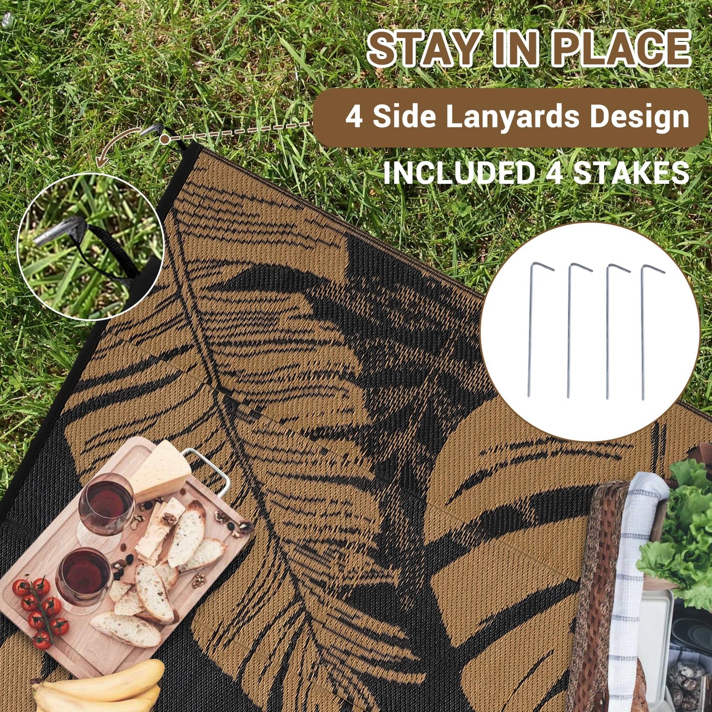 GarveeHome Outdoor Patio Rug 9x18 Waterproof Reversible Mat Leaves Camping Rugs Indoor Outdoor Rugs Carpet Large Area Rug Plastic Straw Rug for Patio Deck Balcony Pool RV Camping, Black and Brown