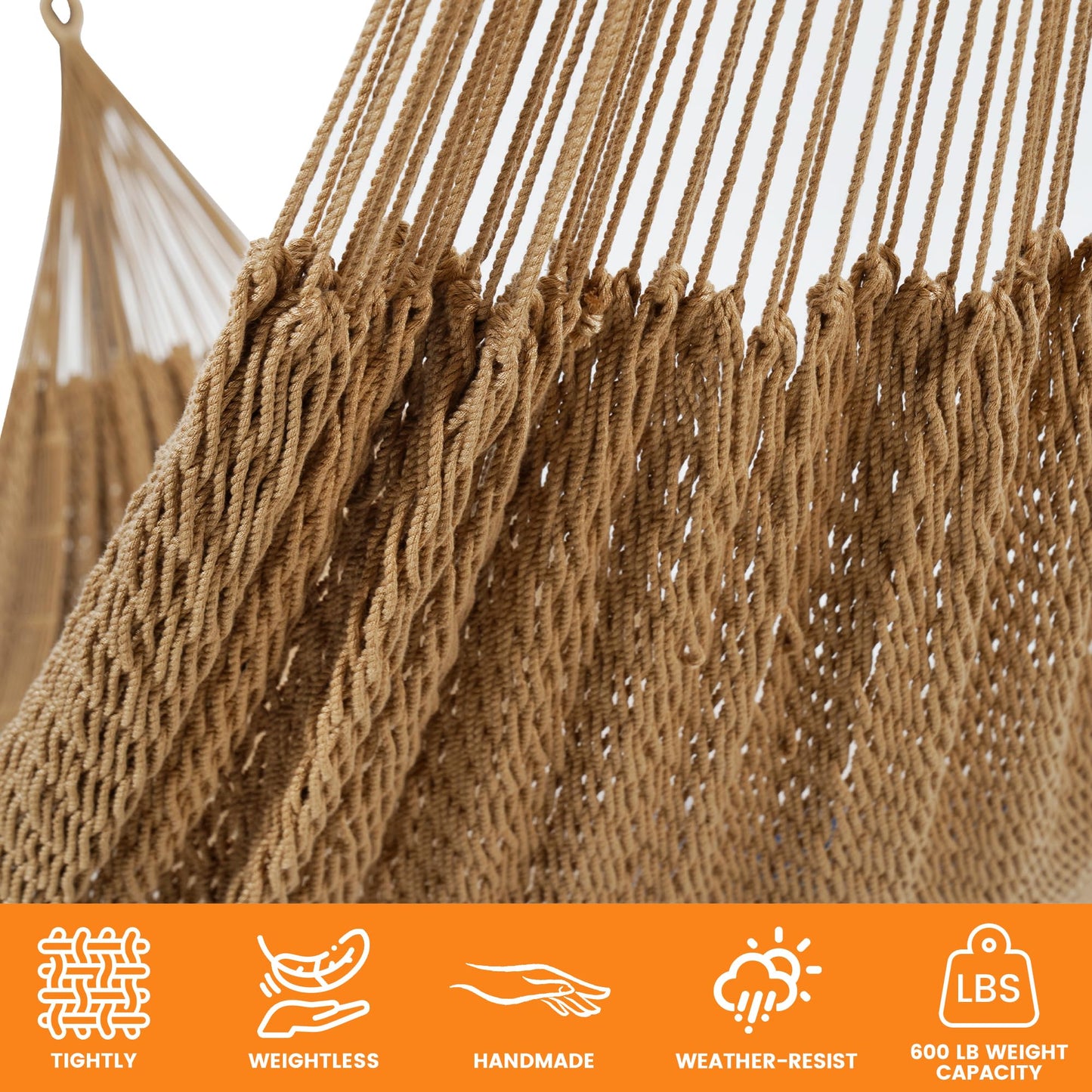 Lazy Daze Hammocks Handwoven Mayan Hammock with Heavy Duty Steel Stand, 10.5 FT Soft Rope Double Hammock for Patio Outside, 550 lbs Weight Capacity, Tan