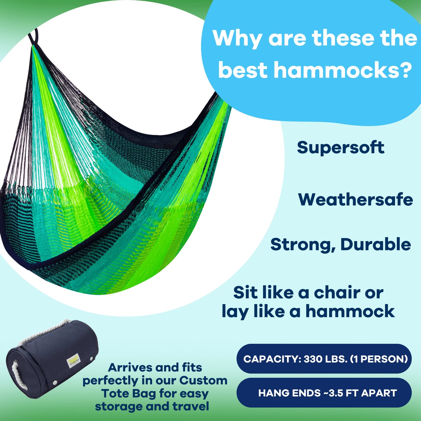 Handwoven Hanging Chair by Yellow Leaf Hammocks - Fits 1 Person, 330lb Max - Kick Back for Full-Body Recline - Weathersafe, Ultra Soft, Hang Anywhere - Color: Neon - Blue - Turquoise