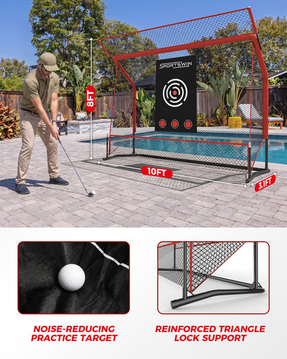 Golf Practice Net Set 10x7.5FT, Heavy Duty Golf Hitting Net for Backyard & Indoor Training, Golf Swing Practice Net with Ball Return System, Extended Top Barrier, Target Cloth & Carry Bag.