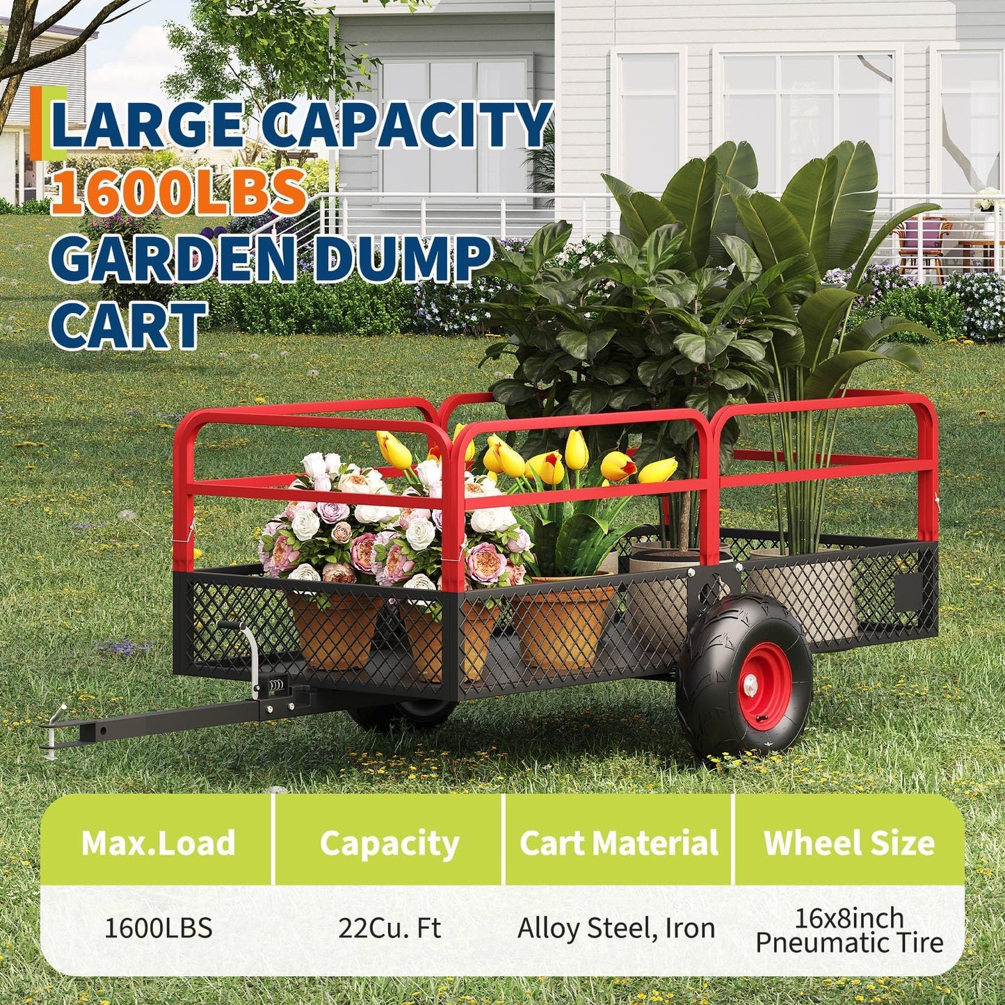 22 Cu.Ft 1600Lbs Steel ATV UTV Trailer, Tow Behind Dump Cart, Heavy Duty Pull Behind with Removable Sides & All Terrain Tires, Pull Behind Utility Dump Trailer for, Garden, Lawn Mower Tractor