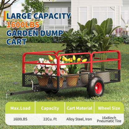 22 Cu.Ft 1600Lbs Steel ATV UTV Trailer, Tow Behind Dump Cart, Heavy Duty Pull Behind with Removable Sides & All Terrain Tires, Pull Behind Utility Dump Trailer for, Garden, Lawn Mower Tractor