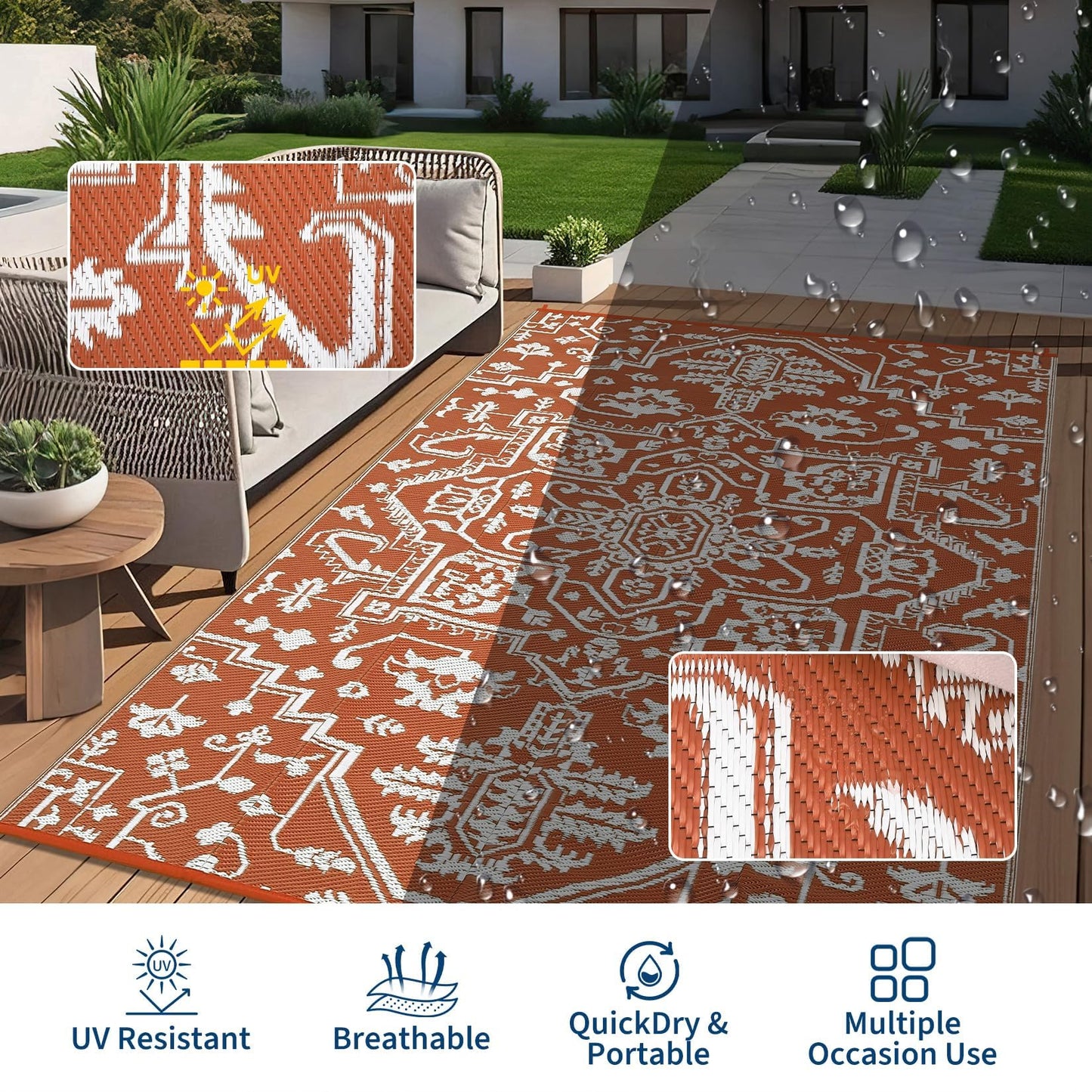 IDEALHOUSE Outdoor Rug 9x18 Ft, Waterproof Plastic Reversible Rug, Persian Style Camping Mat for Outdoors, RV, Patio, Backyard, Deck, Picnic, Beach, Trailer(Orange Red & White)
