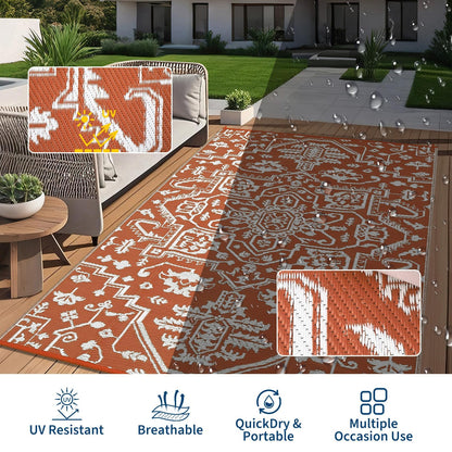 IDEALHOUSE Outdoor Rug 9x18 Ft, Waterproof Plastic Reversible Rug, Persian Style Camping Mat for Outdoors, RV, Patio, Backyard, Deck, Picnic, Beach, Trailer(Orange Red & White)