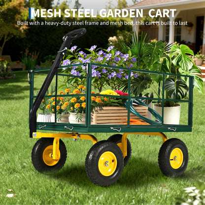 Heavy Duty 1500 Lbs Capacity Mesh Steel Garden Cart Folding Utility Wagon with Removable Sides, Garden Cart on Wheels for Gardening Soil, Tools, and Plant Transport