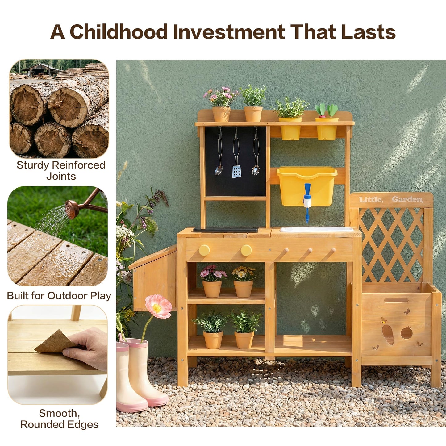 Wooden Mud Kitchen for Kids, Outdoor Play Kitchen with Real Running Water Sink, Mud Table, Gravity Water Tank, Planting Box, Critter Observation Box, 12-Pc Accessory Kit, Toddler Gift, Age 3+