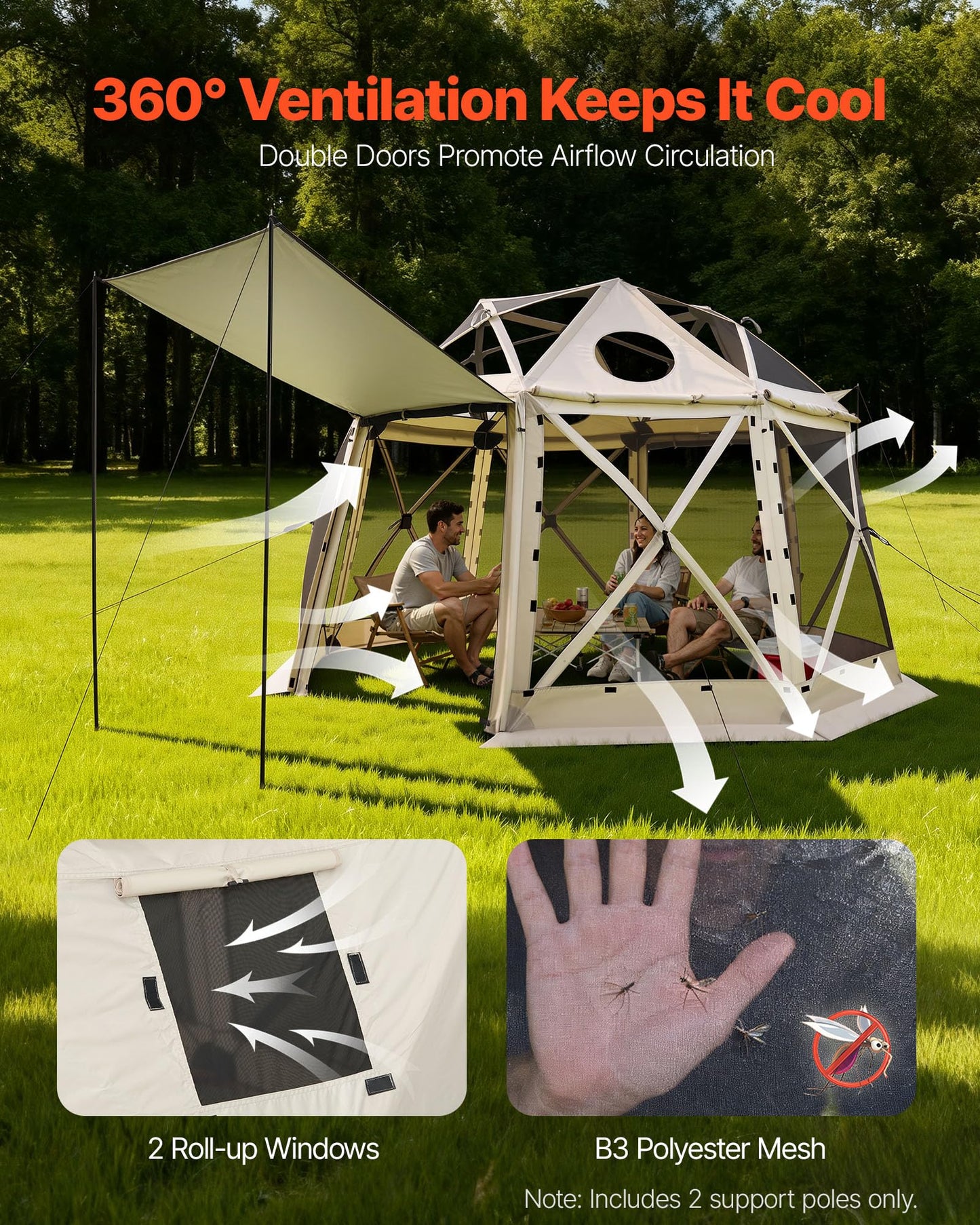 VEVOR Pop Up Gazebo Screen Tent, 12 x 12 ft Large High 13-Sided Camping Canopy Tent with Removable Top & Carry Bag, Quick Set & Bite-Proof Mesh Screen Sun Shelter for 8-10 Persons Backyard Patio