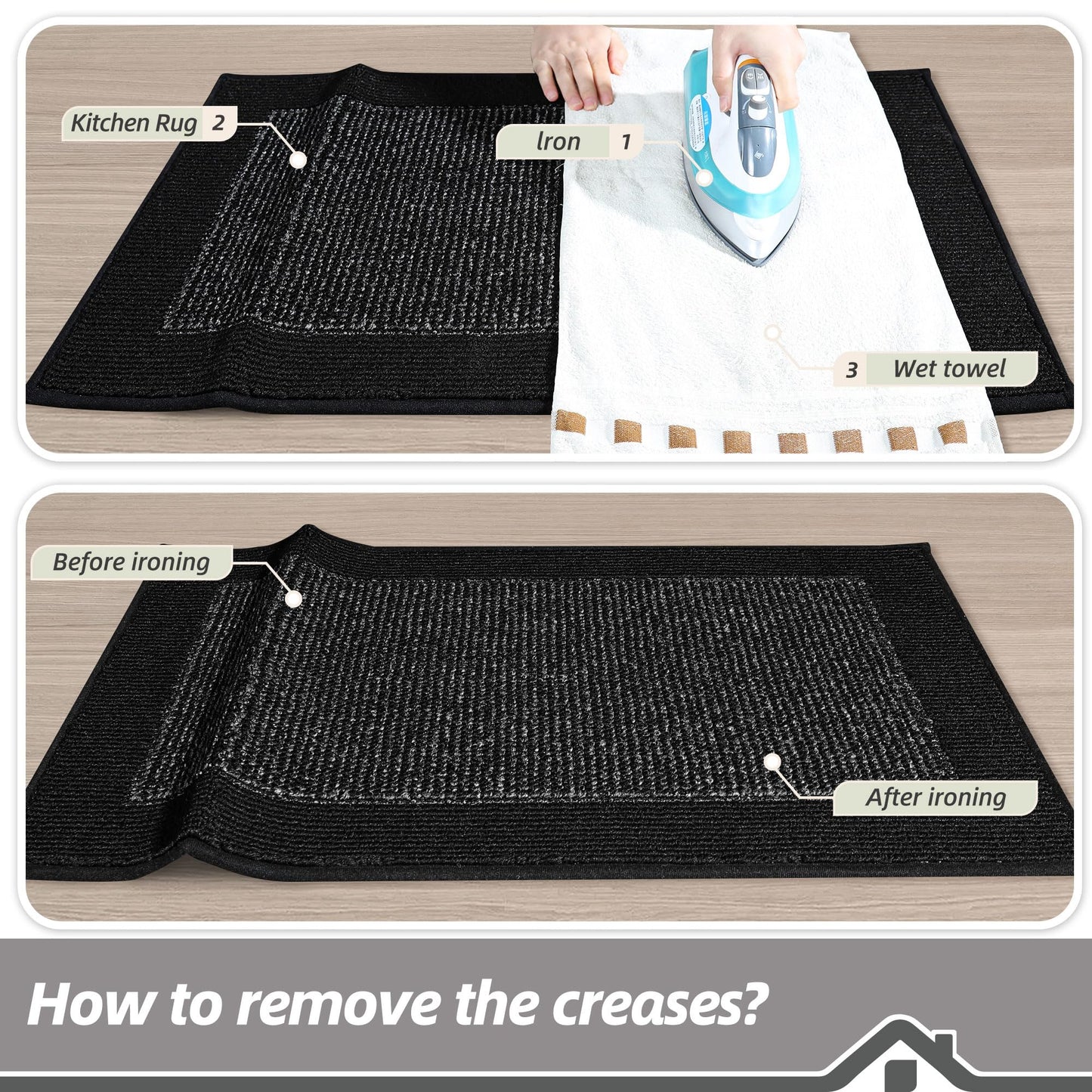BEQHAUSE Kitchen Rugs and Mats Set of 2 Non-Slip Kitchen Mats for Floor, Absorbent and Stain Resistant Kitchen Runner, Machine Washable Rugs for Kitchen, Laundry & Sink, 24"x36"+24"x60", Black