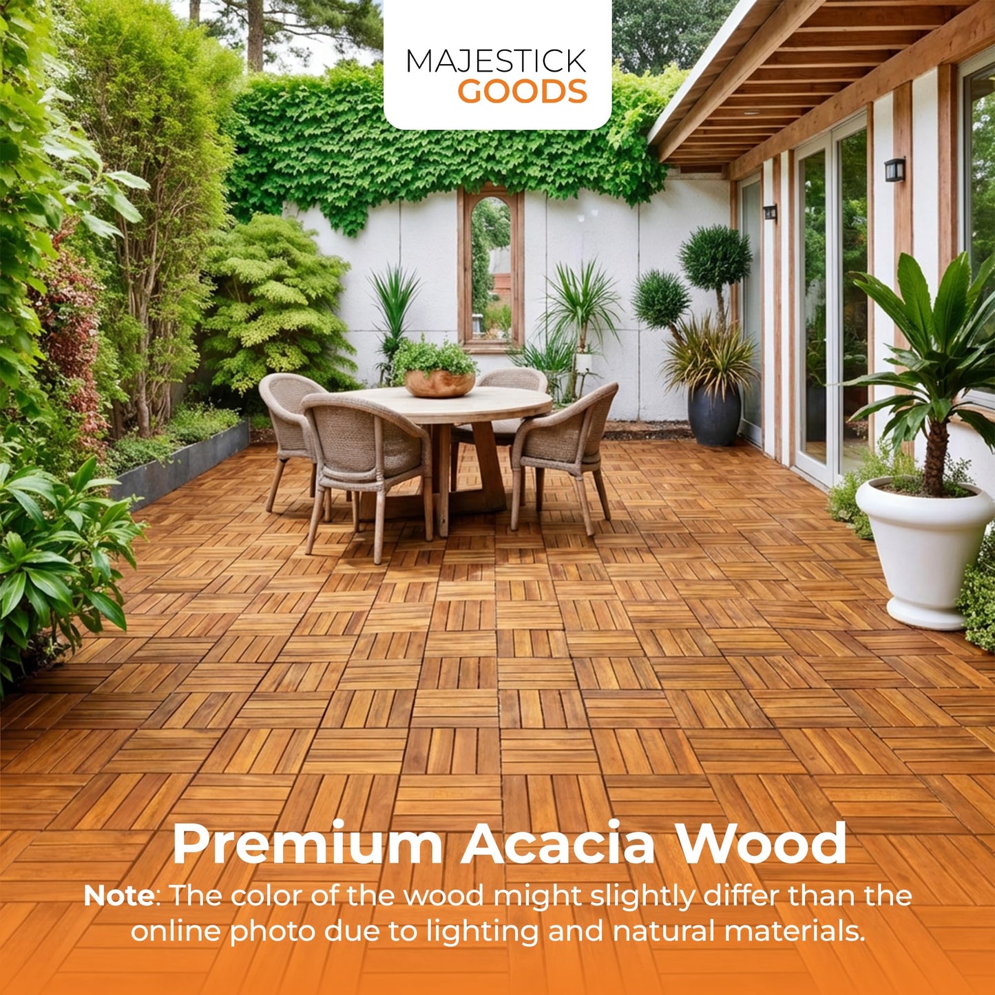 Majestick Goods Interlocking Slat Deck Tiles, Acacia Wood Interlocking Deck Tiles - Easy Installation for Patio Flooring & Walkways with Raised Base Drainage, 12 x 12 x 0.9 Inch (24 Count)