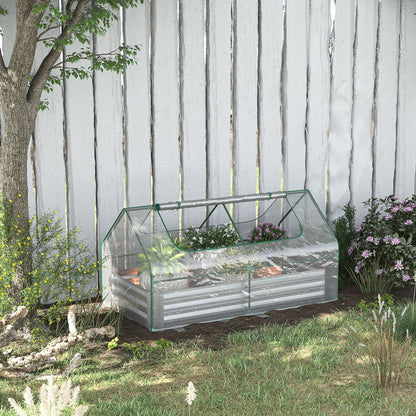6' x 3' Galvanized Raised Garden Bed with Mini PVC Greenhouse Cover, Outdoor Metal Planter Box with 2 Roll Up Windows for Growing Flowers, Fruits, Vegetables and Herbs, Silver