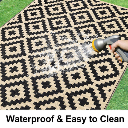 Smiry Waterproof Outdoor Rug 9X18 ft, Reversible Plastic Straw Patio Camping Rugs, Outdoor Indoor RV Mat Carpet for Patio, Outside Entry, Backyard, Deck, Bench, Picnic, Camper, Black & Beige