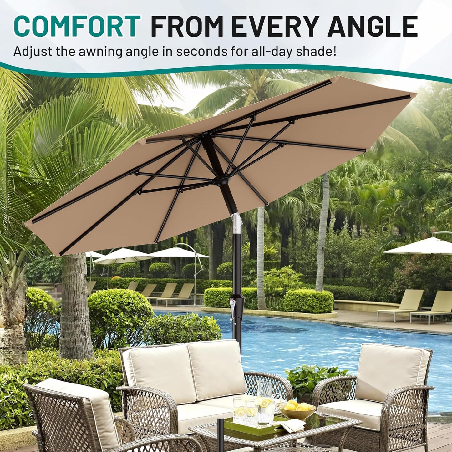 AreShark 9 FT Patio Umbrella - Outdoor Table Umbrella with Push Button Tilt & Crank | Beige, 8 Sturdy Ribs