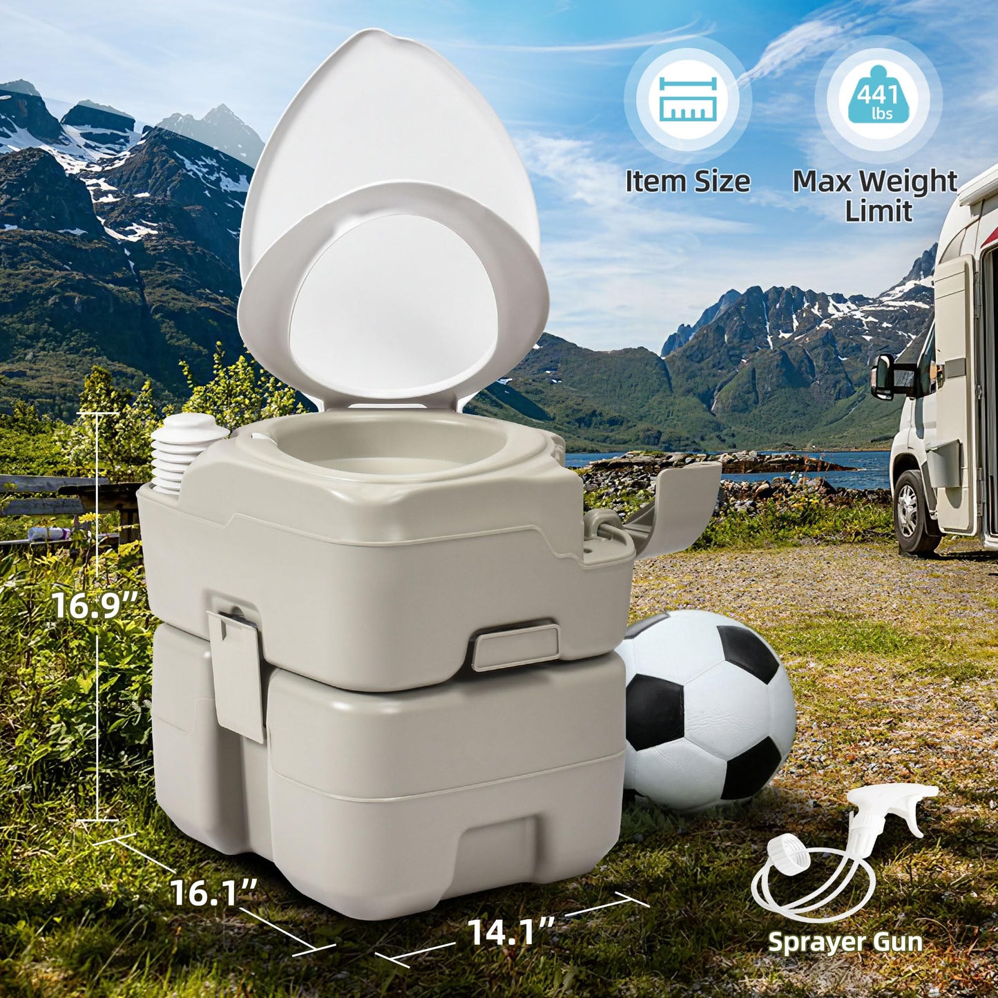 YITAMOTOR 5.3 Gal Portable Toilet for Camping, RV Toilet with Diagonal Elongated Bowl Seat, Porta Potty with Hand Sprayer, Leak-Proof for Adults, RV Travel, Hospital, Boat, Trip, Home