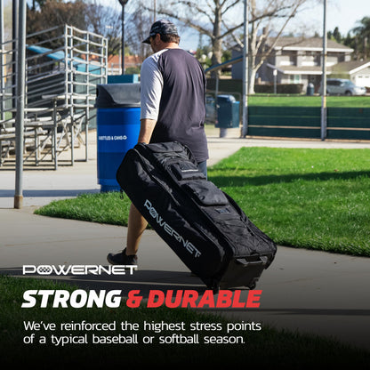 PowerNet All Gear Transporter Baseball Travel Bag, Rolling Duffle with Wheels & Handle for Baseball Accessories, Catchers Gear & Bats, Main Pocket Fits Four 7x7 Nets