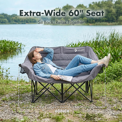 VILLEY Oversized Double Camping Chair, Heavy-Duty Folding Loveseat Camp Chair with Cup Holders, 2 Person Outdoor Chair Supports up to 900 lbs for Camping, Beach, Lawn & Sports, Grey