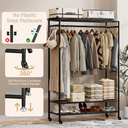 Clothes Rack with Cover, Heavy Duty Portable Closet for Hanging Clothes, Rolling Clothing Closet, Garment Rack with Wheels&Side Hooks, Closet Organizers and Storage with Black Cover, Max Load 380LBS