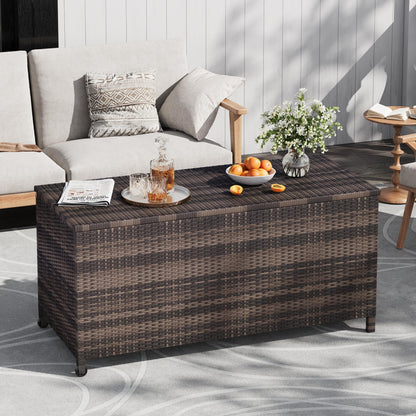 125 Gallon Outdoor Wicker Deck Box, All-Weather Waterproof Patio Storage with PE Rattan Finish & Steel Frame, for Cushions, Garden Tools, Pool Supplies, Lockable Brown Storage Box with Soft-Close Lid